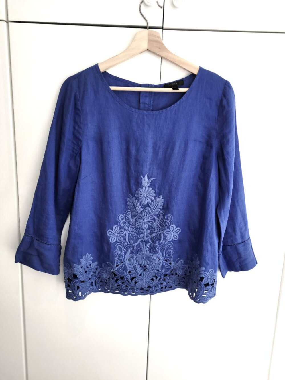 J. Crew 100% Linen Embroidered Blouse Cobalt Blue Size 8